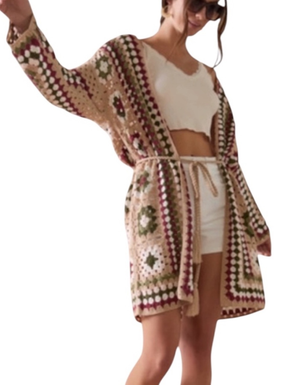 Francesca’s Sz L/XL “Tabby” Long Line Braided Tassel Tie Crochet Cardigan NWT